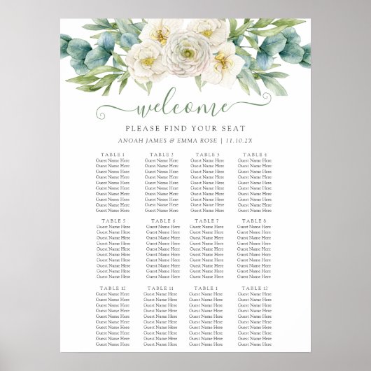 Elegant Eucalyptus Greenery Wedding Seating Chart Poster (Voorkant)