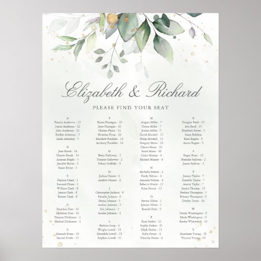 Elegant Eucalyptus Greenery Wedding Seding Chart Poster (Voorkant)