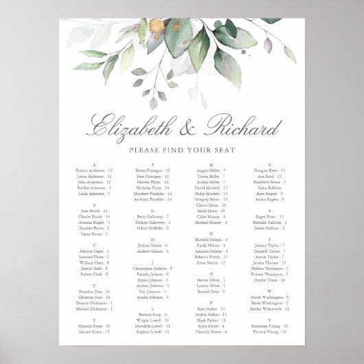 Elegant Eucalyptus Greenery Wedding Seding Chart Poster (Voorkant)