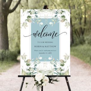 Elegant Eucalyptus Greenery Welcome Mist Blue Sign Poster