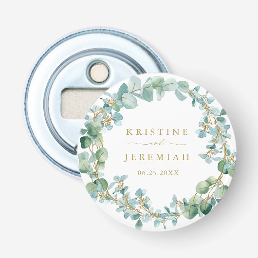 Elegant Eucalyptus Greenery Wreath Gold Wedding Button Flesopener (Voorkant)