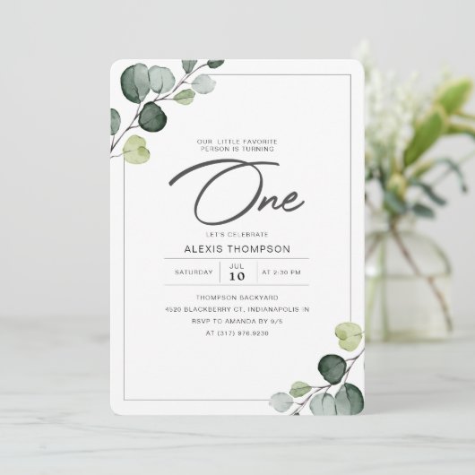 Elegant Eucalyptus Groen 1e Verjaardagsfeest Kaart (Staand voorkant)