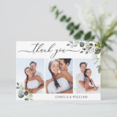Elegant Eucalyptus groen 3 FOTO bruiloft Bedankkaart (Staand voorkant)