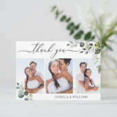 Elegant Eucalyptus groen 3 FOTO bruiloft Bedankkaart (Staand voorkant)