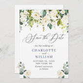 Elegant Eucalyptus Ivory White Roses Wedding Save The Date (Voorkant / Achterkant)