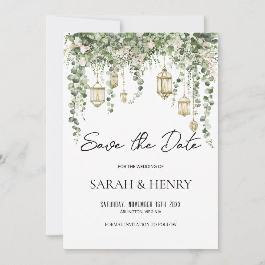 Elegant Eucalyptus Lantern Save the Date Kaart (Voorkant)