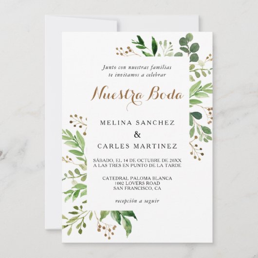 Elegant Eucalyptus Leaf Greenery Spain Wedding Kaart (Voorkant)