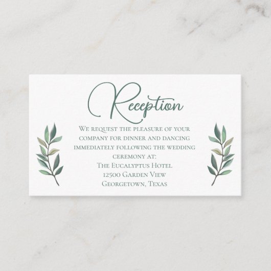 Elegant Eucalyptus Leaf Wedding Reception Details Informatiekaartje (Voorkant)