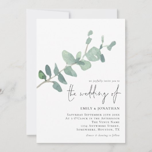 Elégant Eucalyptus Leave Script Faire-part de mari (Devant)