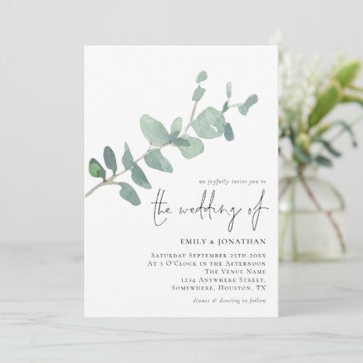 Elégant Eucalyptus Leave Script Faire-part de mari (Debout devant)