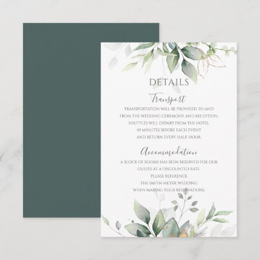 Elegant Eucalyptus Leaves Greenery Gold Wedding Informatiekaartje (Voorkant / Achterkant)