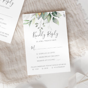 Elegant Eucalyptus Leaves Greenery Gold Wedding RSVP Kaartje