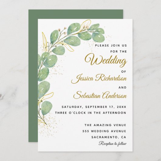 Elegant Eucalyptus Leaves Greenery Wedding Kaart (Voorkant / Achterkant)
