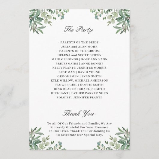 Elegant Eucalyptus Leaves Greenery Wedding Programma (Achterkant)