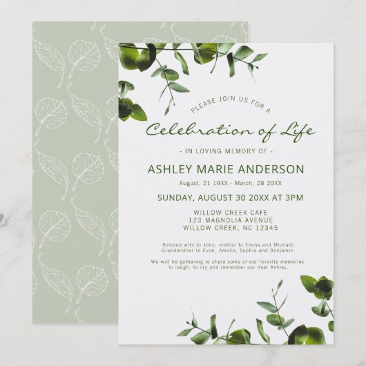 Elegant Eucalyptus Memorial Celebration of Life Kaart (Voorkant / Achterkant)