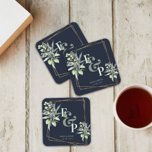 Elegant Eucalyptus Monogram Greenery Wedding Party Vierkante Kartonnen Onderzetter