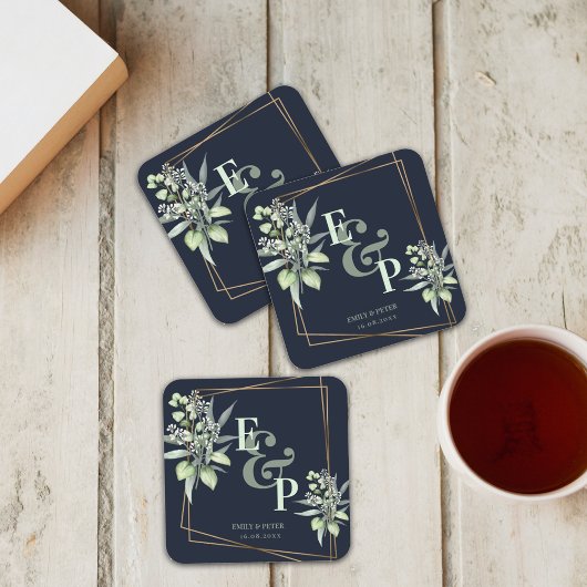 Elegant Eucalyptus Monogram Greenery Wedding Party Vierkante Kartonnen Onderzetter