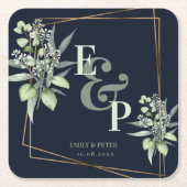 Elegant Eucalyptus Monogram Greenery Wedding Party Vierkante Kartonnen Onderzetter (Voorkant)