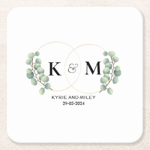 elegant eucalyptus monogram trouwdag vierkante kartonnen onderzetter