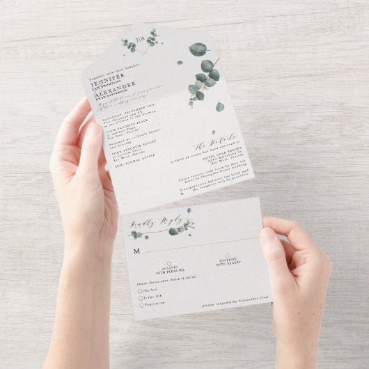 Elegant Eucalyptus Monogram Weddenschap All In One Uitnodiging (Afscheurbaar)