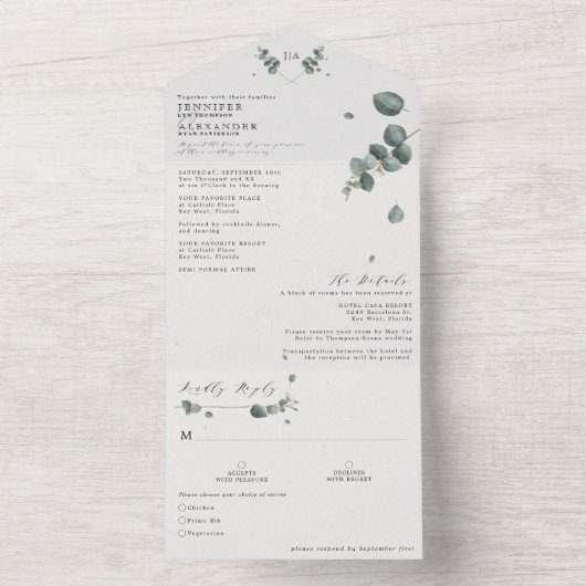 Elegant Eucalyptus Monogram Weddenschap All In One Uitnodiging (Binnen)