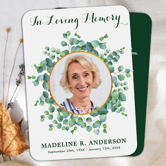 Elégant Eucalyptus Photo Funeral Prayer Card