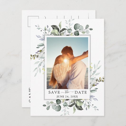 Elegant Eucalyptus PHOTO Weddenschap Save the Date Aankondigingskaart (Voorkant / Achterkant)