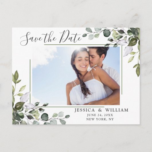 Elegant Eucalyptus PHOTO Weddenschap Save the Date Briefkaart (Voorkant)