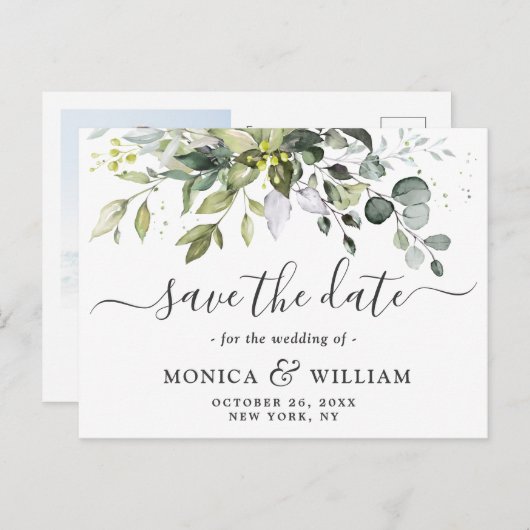 Elegant Eucalyptus PHOTO Weddenschap Save the Date Briefkaart (Voorkant / Achterkant)
