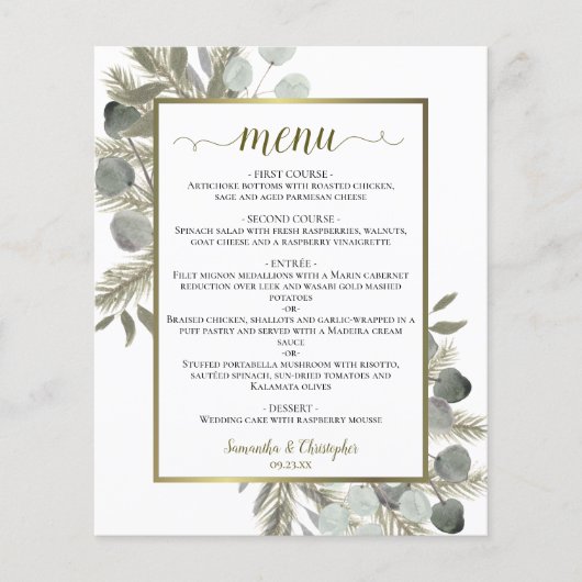 Elégant Eucalyptus & Pine Budget Mariage Menu (Devant)