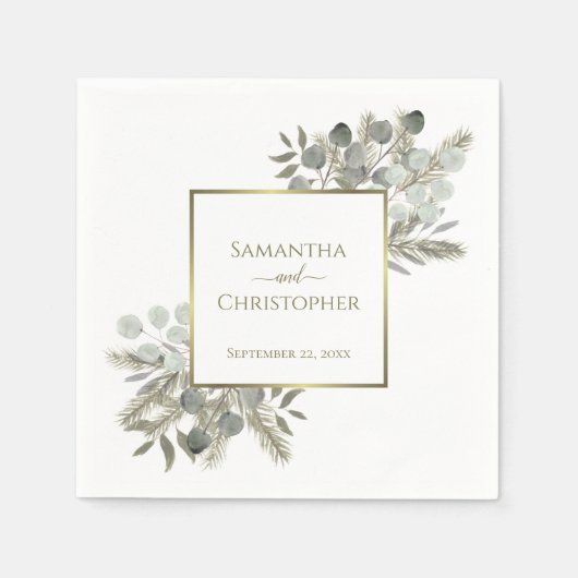 Elegant Eucalyptus & Pine Gold & Sage Weddenschap Servet (Voorkant)