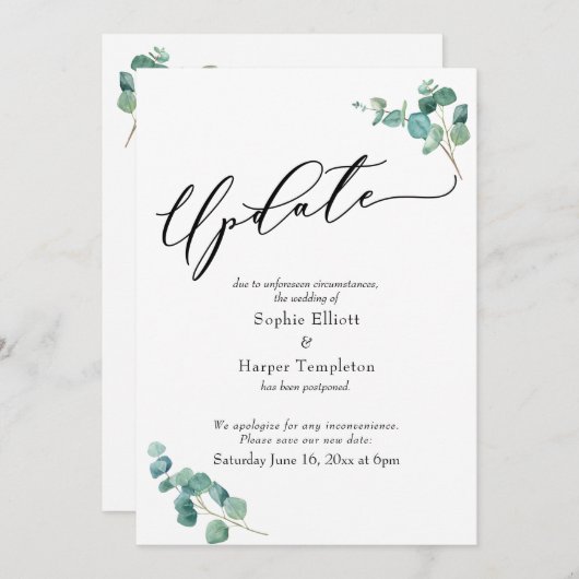 Elegant Eucalyptus Postponed Wedding Update Card Kaart (Voorkant / Achterkant)