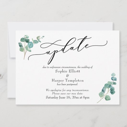 Elegant Eucalyptus Postponed Wedding Update Card Kaart (Voorkant)