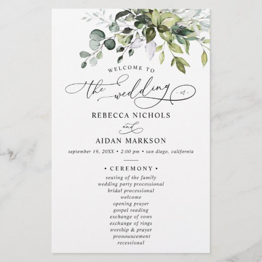 Elégant Eucalyptus Programme de mariage vert (Devant)