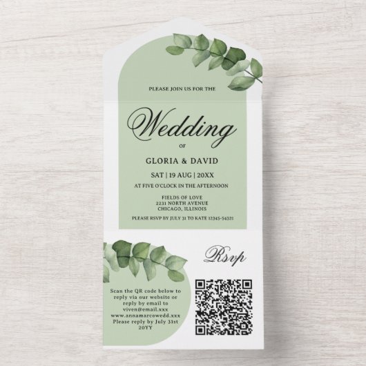 Elégant Eucalyptus QR Code Tout en une invitation (À l'intérieur)