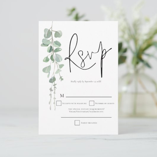 Elégant Eucalyptus Script Mariage RSVP (Debout devant)