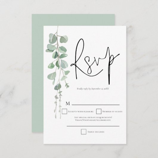 Elégant Eucalyptus Script Mariage RSVP (Devant / Derrière)