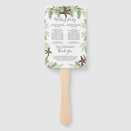 Elegant Eucalyptus Starfish Wedding Programme Handwaaier (Achterkant)