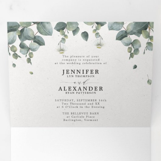 Élégant Eucalyptus tout en un Mariage Tri-Fold Inv (Intérieur en premier)