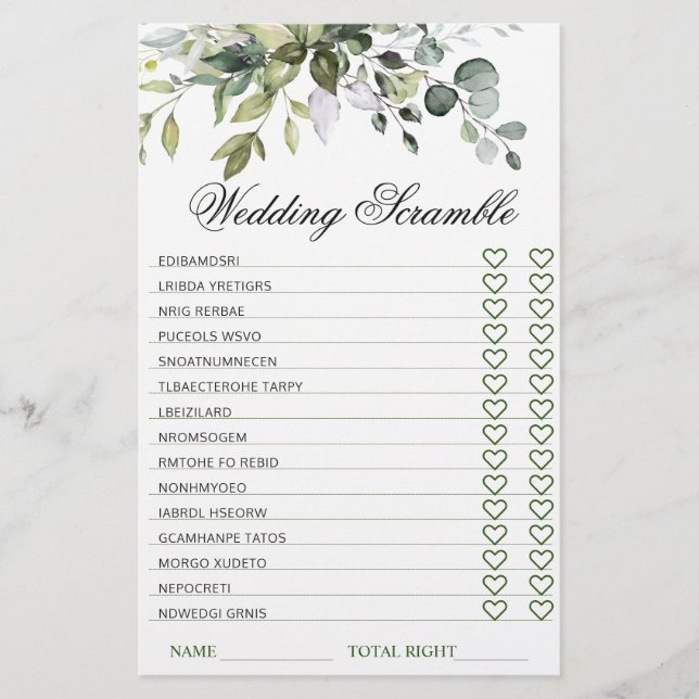Elegant Eucalyptus Vrijgezellenfeest Scramble Game (Voorkant)