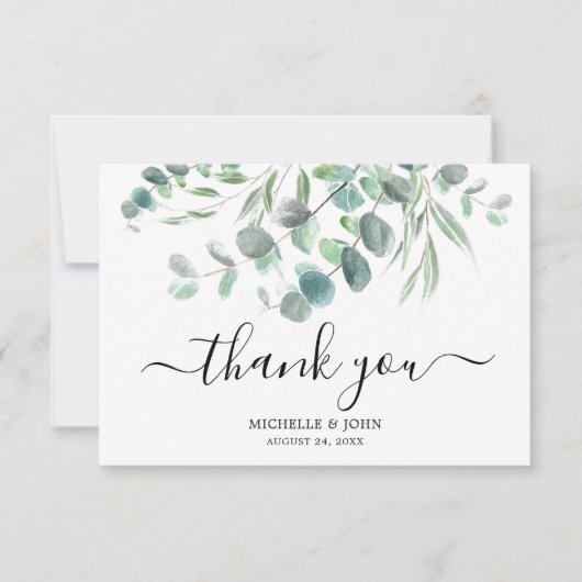 Elegant Eucalyptus Waterverf Name Wedding Bedankkaart (Voorkant)