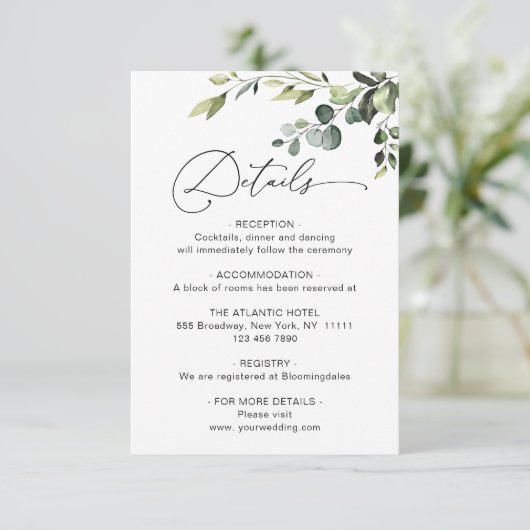 Elegant Eucalyptus Waterverf Weddenschap Details Informatiekaartje (Staand voorkant)
