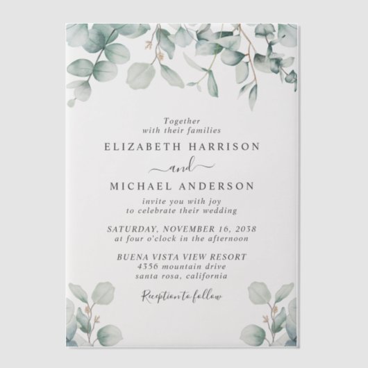 Elegant Eucalyptus Waterverf Wedding Vellum Uitnodigingen (Voorkant)