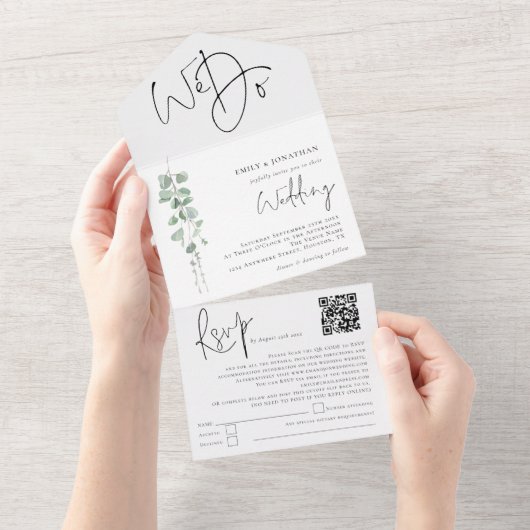 Elegant Eucalyptus We doen QR-code bruiloft All In One Uitnodiging (Afscheurbaar)