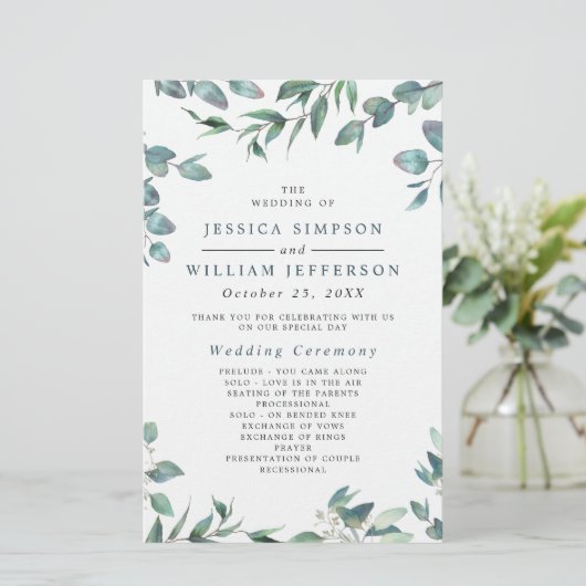 Elegant Eucalyptus Wedding Ceremony Programme (Staand voorkant)