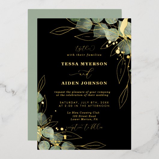 Elegant Eucalyptus Wedding Gold Foil Uitnodiging (Voorkant / Achterkant)