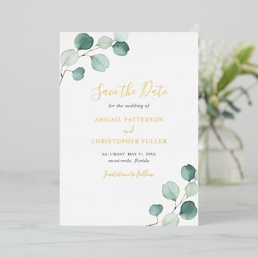 Elegant Eucalyptus Wedding Save the Date Folie Uitnodiging (Staand Voorkant)