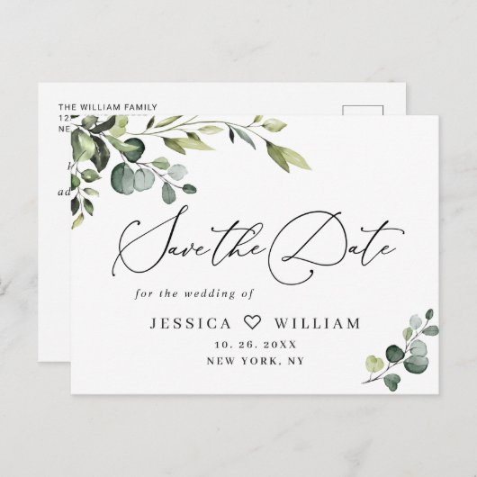 Elegant Eucalyptus Wedding Save the Date QR Code Briefkaart (Voorkant / Achterkant)