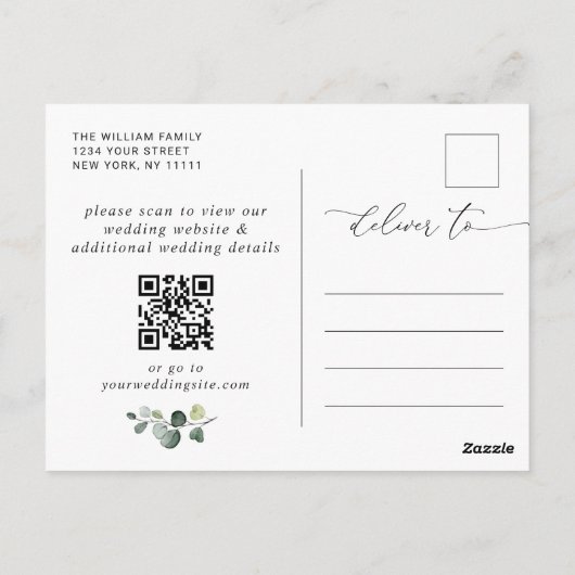 Elegant Eucalyptus Wedding Save the Date QR Code Briefkaart (Achterkant)