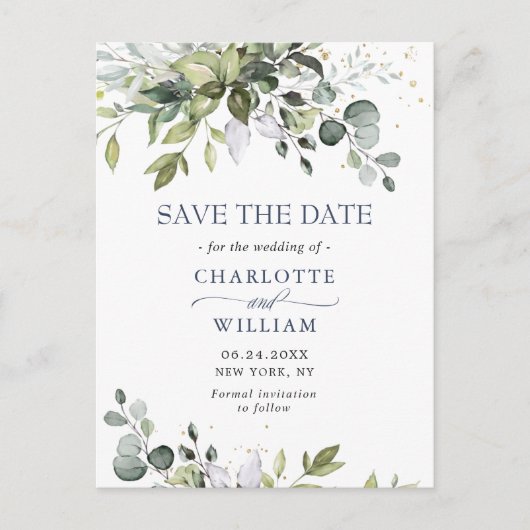 Elegant Eucalyptus Wedding Save the Date QR Code Briefkaart (Voorkant)